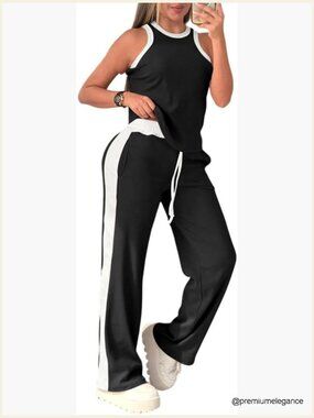 Sleeveless Ribbed Knit Two Piece Pants Set Lounge Outfit